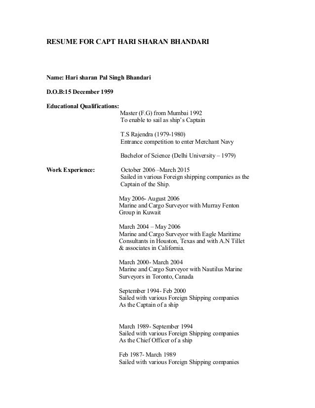 Biodata For Capt Hari Sharan Bhandari - 